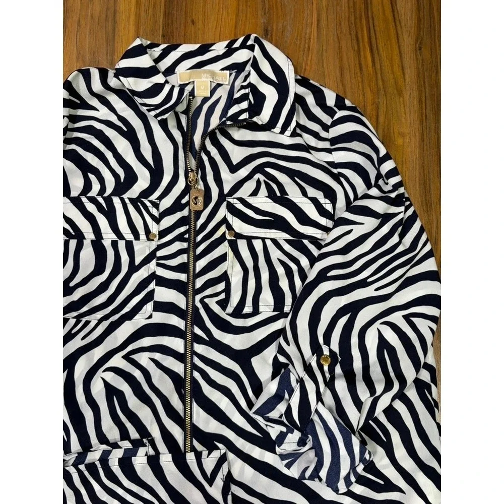 MICHAEL Michael Kors Zebra Print Zip Front Tunic Blouse Womens M Navy White